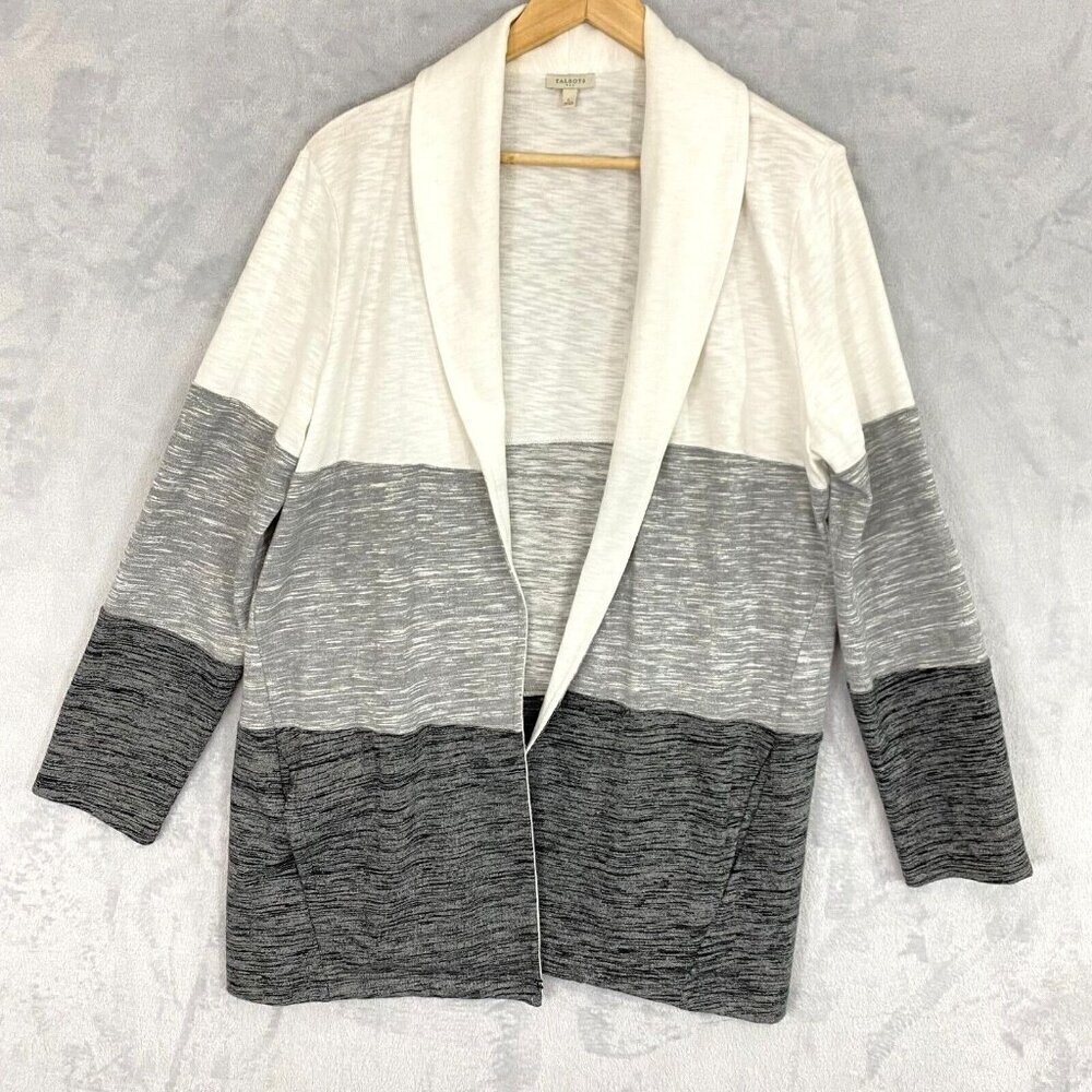 Talbots Knit Cardigan Sweater Womens Large Gray White Colorblock Open Front Slub
